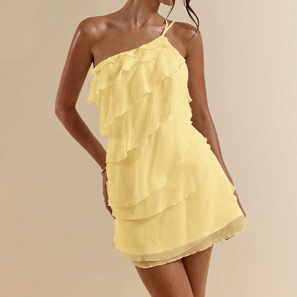 Yellow Party Women's Layered Lotus Leaf Mini Dress - Picture 4 of 7